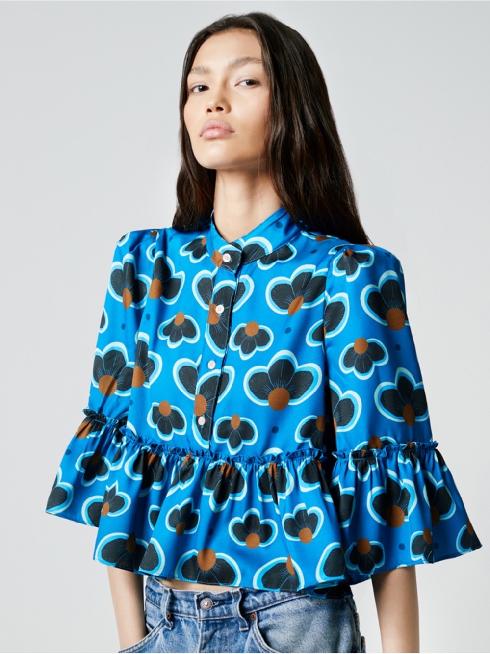 SMYTHE x Kataleen Webb Floral Blouse Blue Medium Cropped Boxy Ruffle Boho Bold
